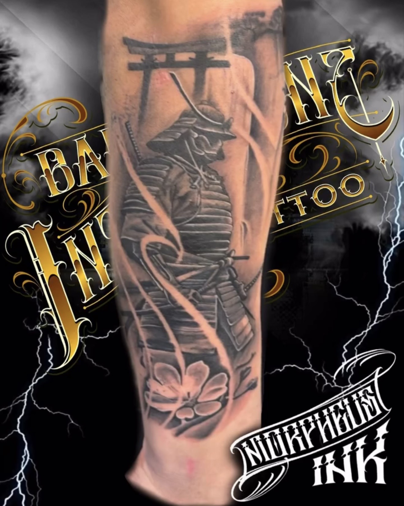 Black and grey samurai warrior sleeve with torii gate and cherry blossom by Morpheus at Bad Intentionz Tattoo, Bloomfield NJ