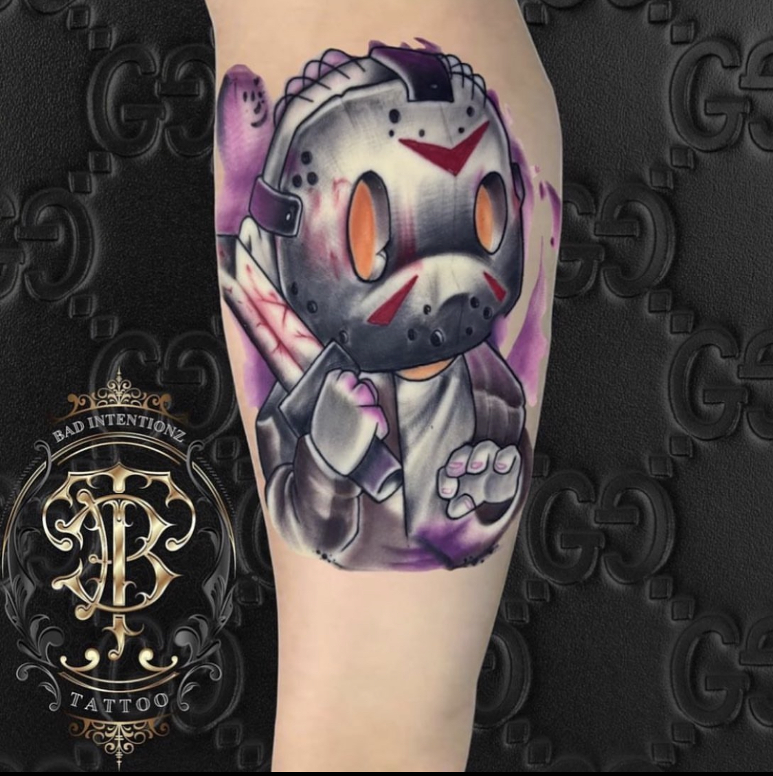 New school color Jason Voorhees chibi tattoo by Bad Intentionz Tattoo, Bloomfield NJ