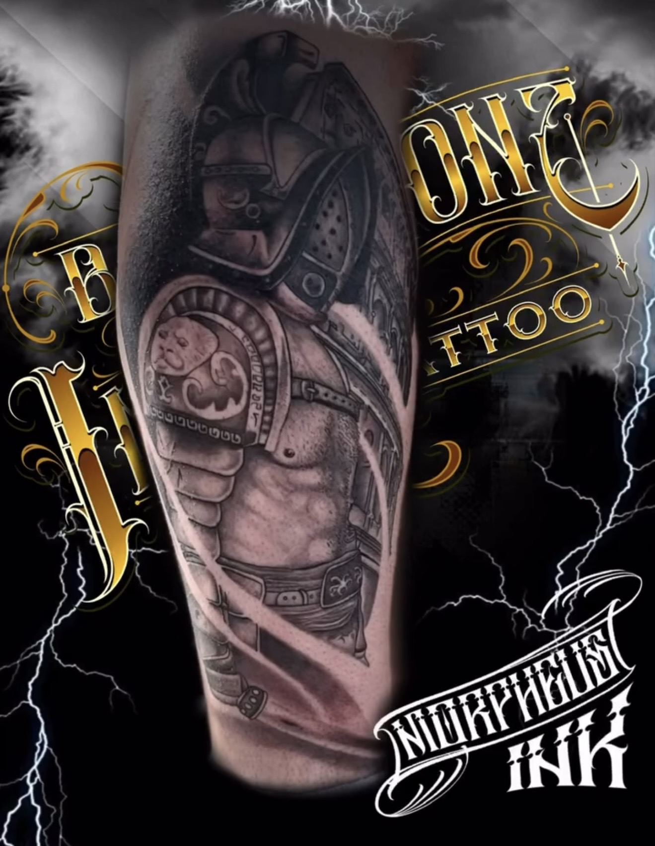 Black and grey gladiator warrior sleeve with detailed armor by Morpheus at Bad Intentionz Tattoo, Bloomfield NJ