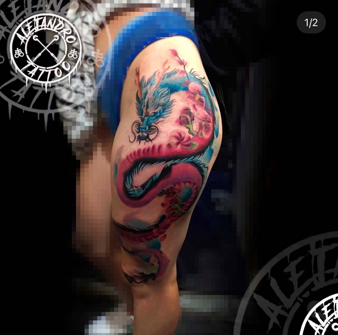 Vibrant color dragon and cherry blossom tattoo by Alejo at Bad Intentionz Tattoo, Bloomfield NJ
