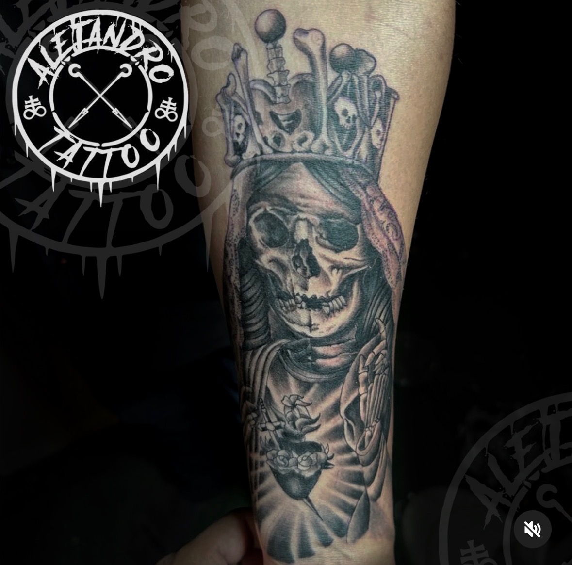 Black and grey skull with crown and rosary tattoo by Alejo at Bad Intentionz Tattoo, Bloomfield NJ