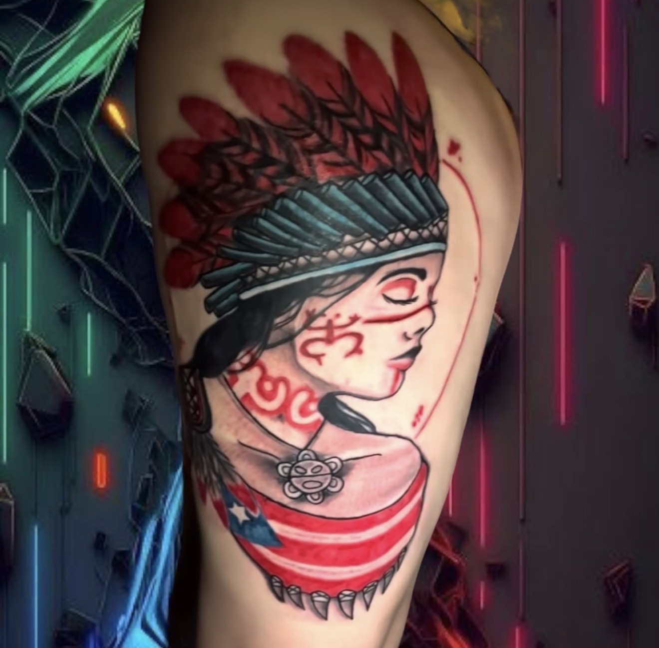 Taina thigh tattoo at Bad Intentionz Tattoo, Bloomfield NJ