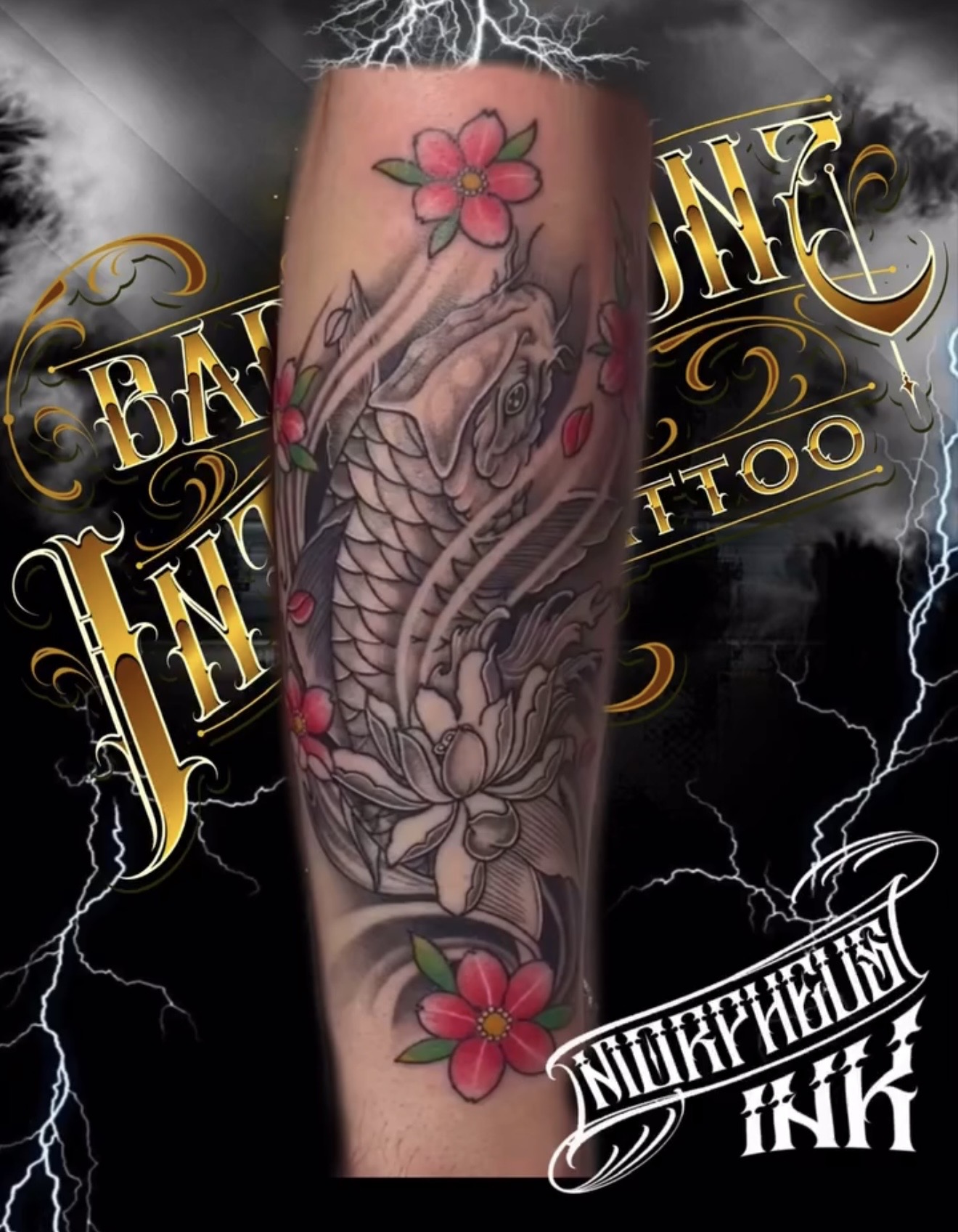 Black and grey koi fish sleeve with lotus and cherry blossoms by Morpheus at Bad Intentionz Tattoo, Bloomfield NJ