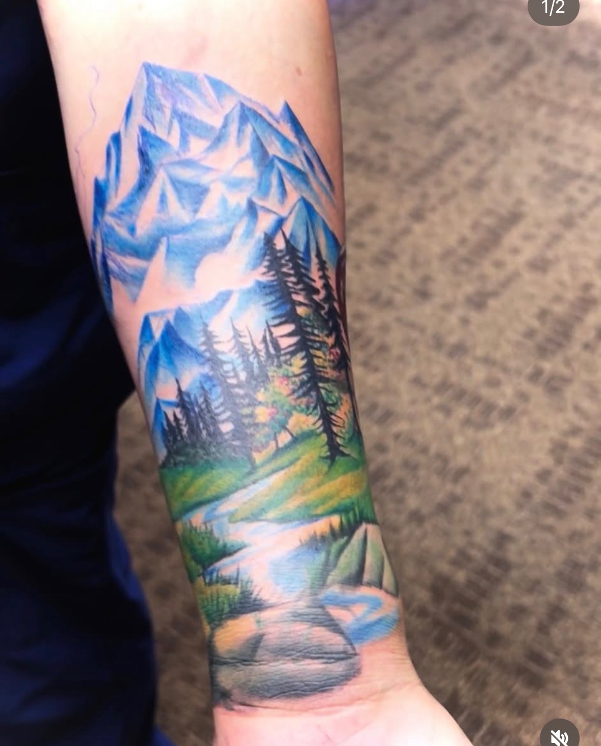 Full color mountain landscape sleeve tattoo by Alejo at Bad Intentionz Tattoo, Bloomfield NJ