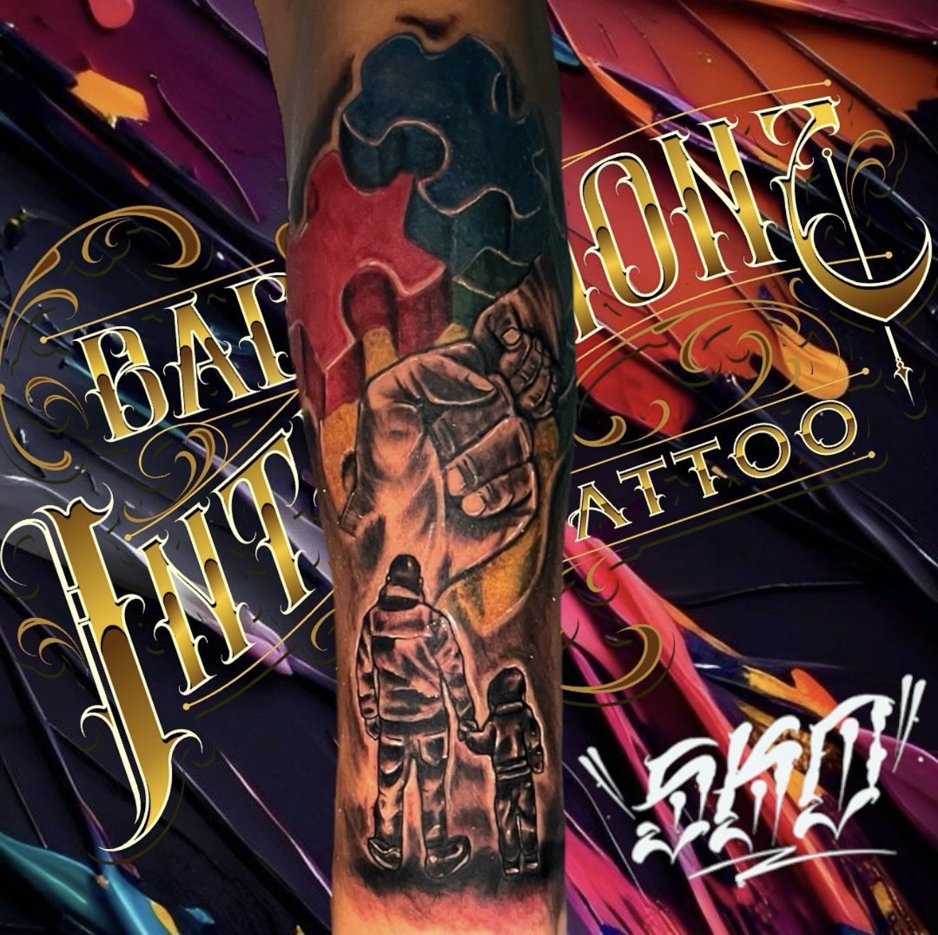 Father son puzzle piece tattoo at Bad Intentionz Tattoo, Bloomfield NJ