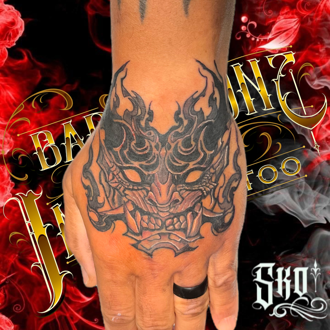 Hannya hand tattoo at Bad Intentionz Tattoo, Bloomfield NJ